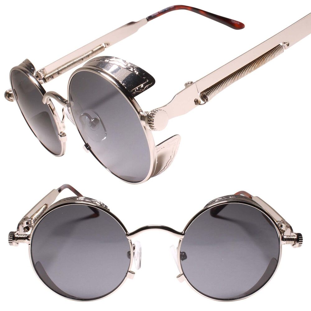 Silver Steampunk Sunglasses w/ Side Shield Mysterious Edgy Fashion Round Goggles